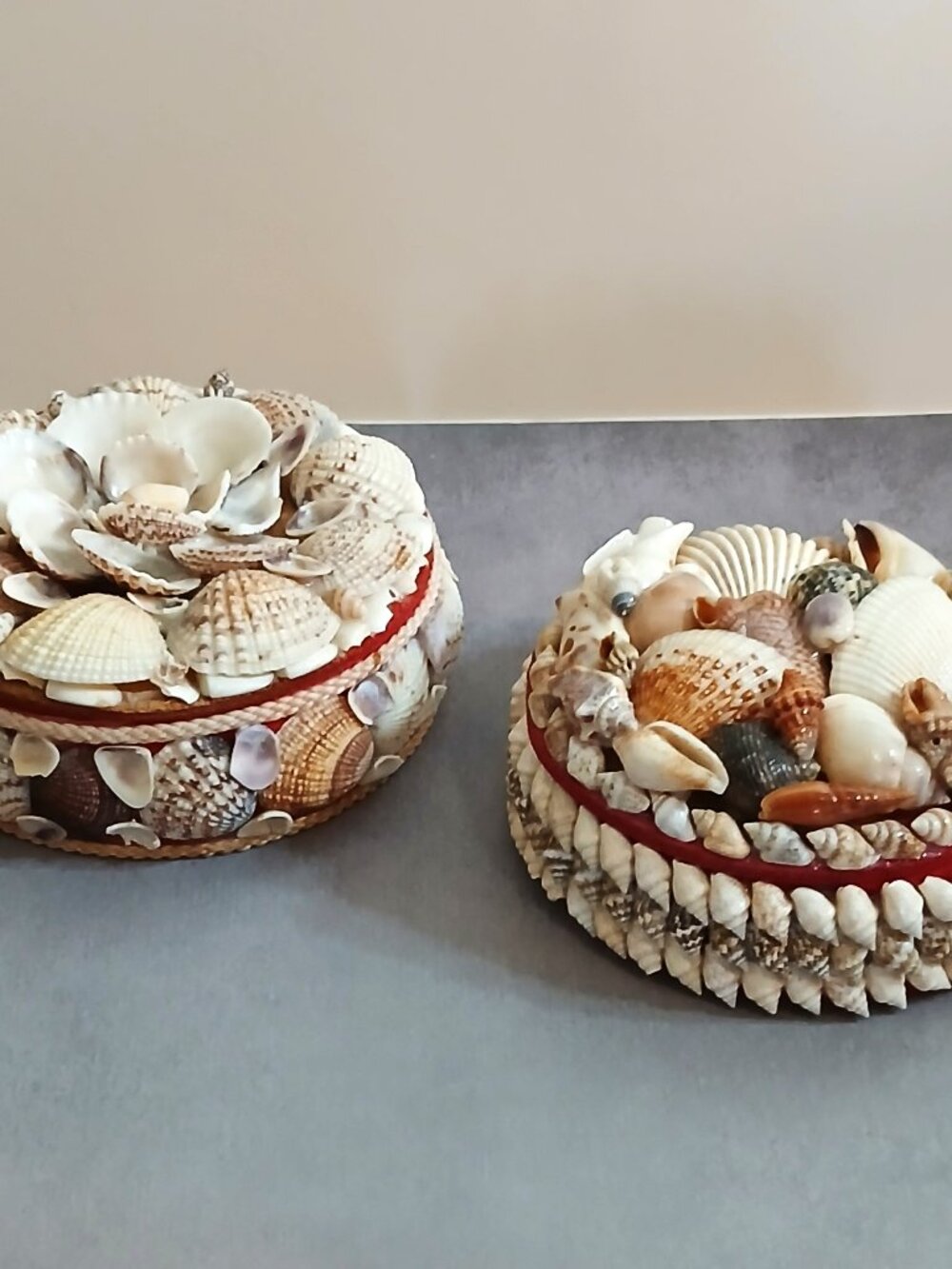 Two Vintage Handmade Seashell Decorated Trinket Boxes-Coastal-Nautical